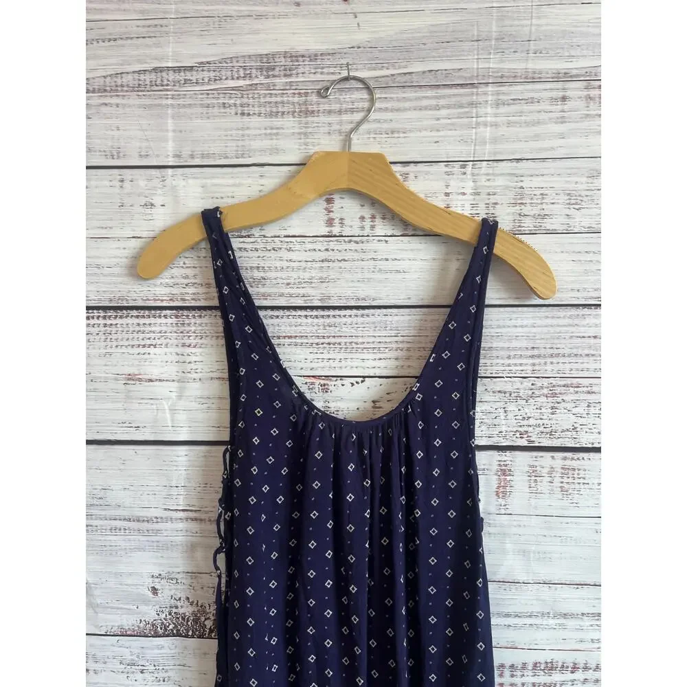 ROXY Shadow Play Tank Sundress flowy navy blue batik-style print coral hem S - Picture 3 of 12